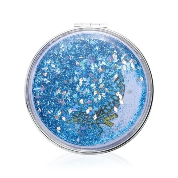 Blue Owl w Glitter Waterfall  Compact  Double Sided Magnified  Mirror New - Picture 2 of 3